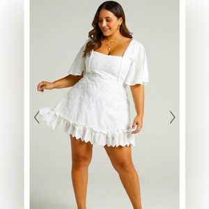 SHOWPO  FANCY A SPRITZ SQUARE NECK MINI DRESS IN WHITE EMBROIDERY